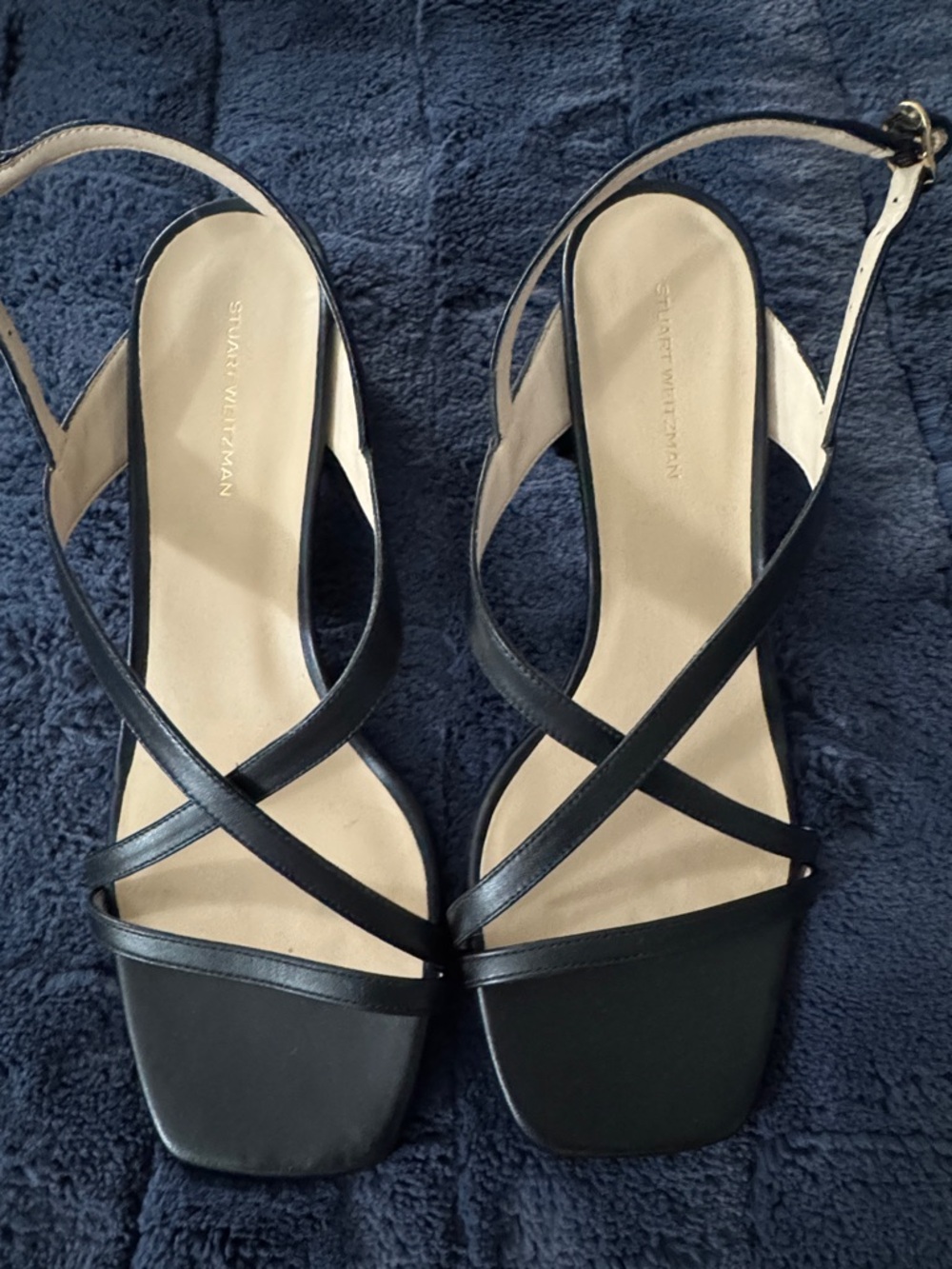 Stuart Weitzman Black Strappy Square-Toe Slingback Sandals